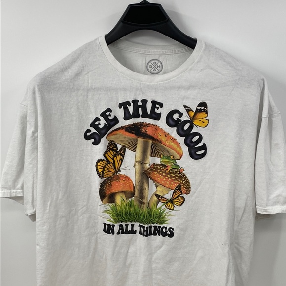 ODM Tops - White Graphic Tee with Mushroom and Butterfly Design